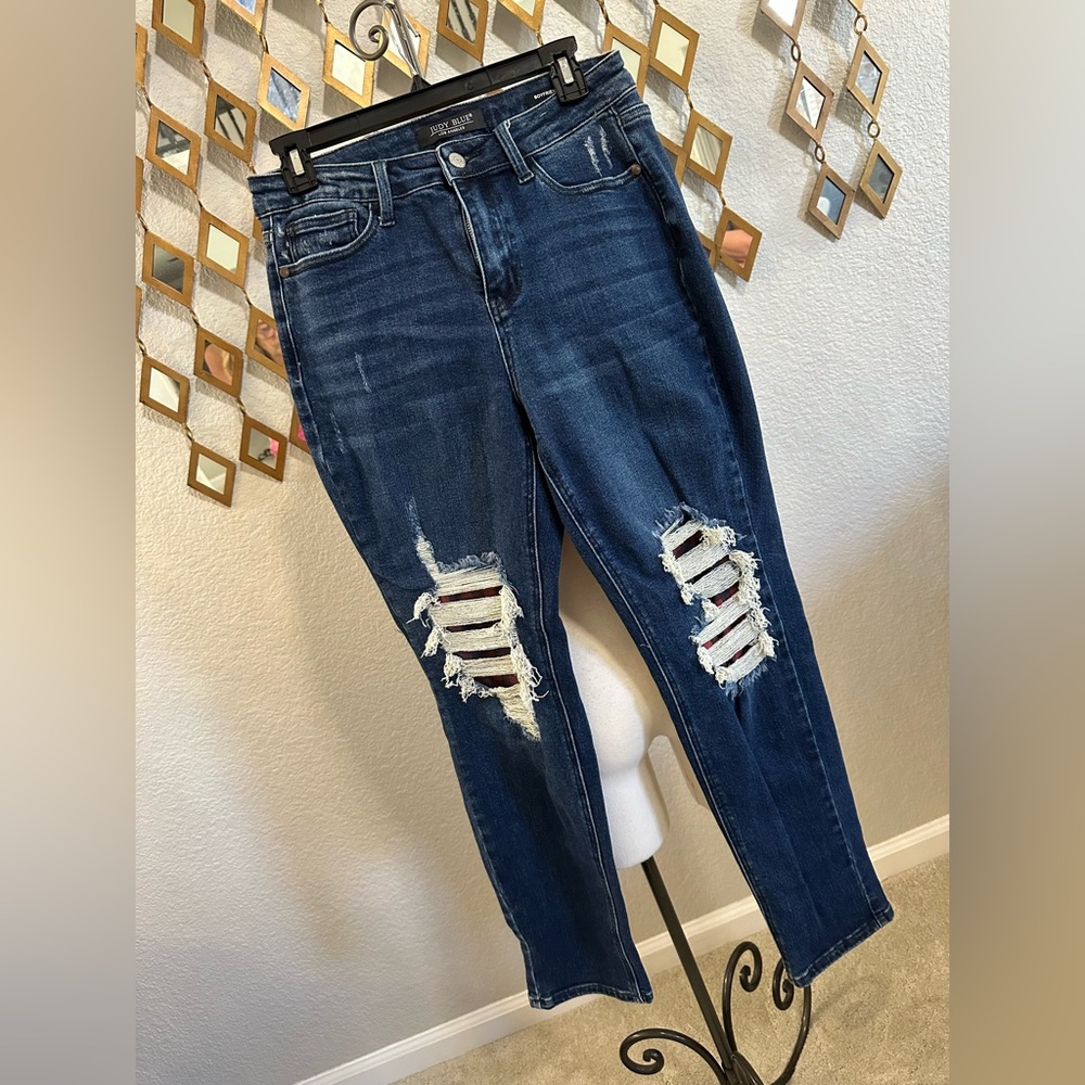 Judy Blue Boyfriend Jeans With Flannel Pattern Insets